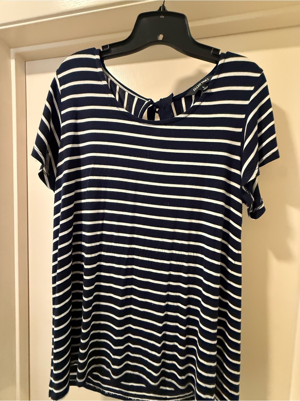 Ellen Tracy Black & Ivory Striped Short Sleeve Tee with Back Tie